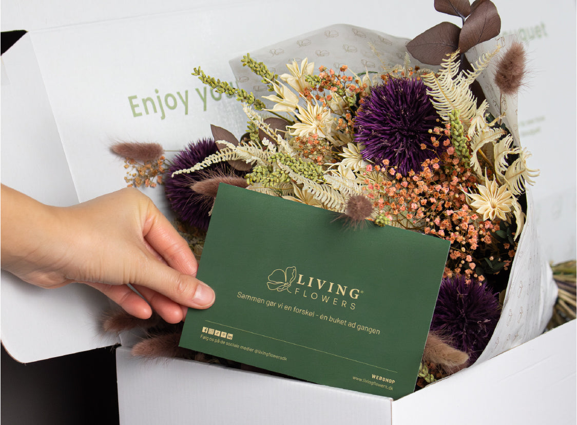 I en eksklusiv hvid æske ligger en blomsterbuket, og en hånd lægger et mørkegrønt kort ned til buketten.