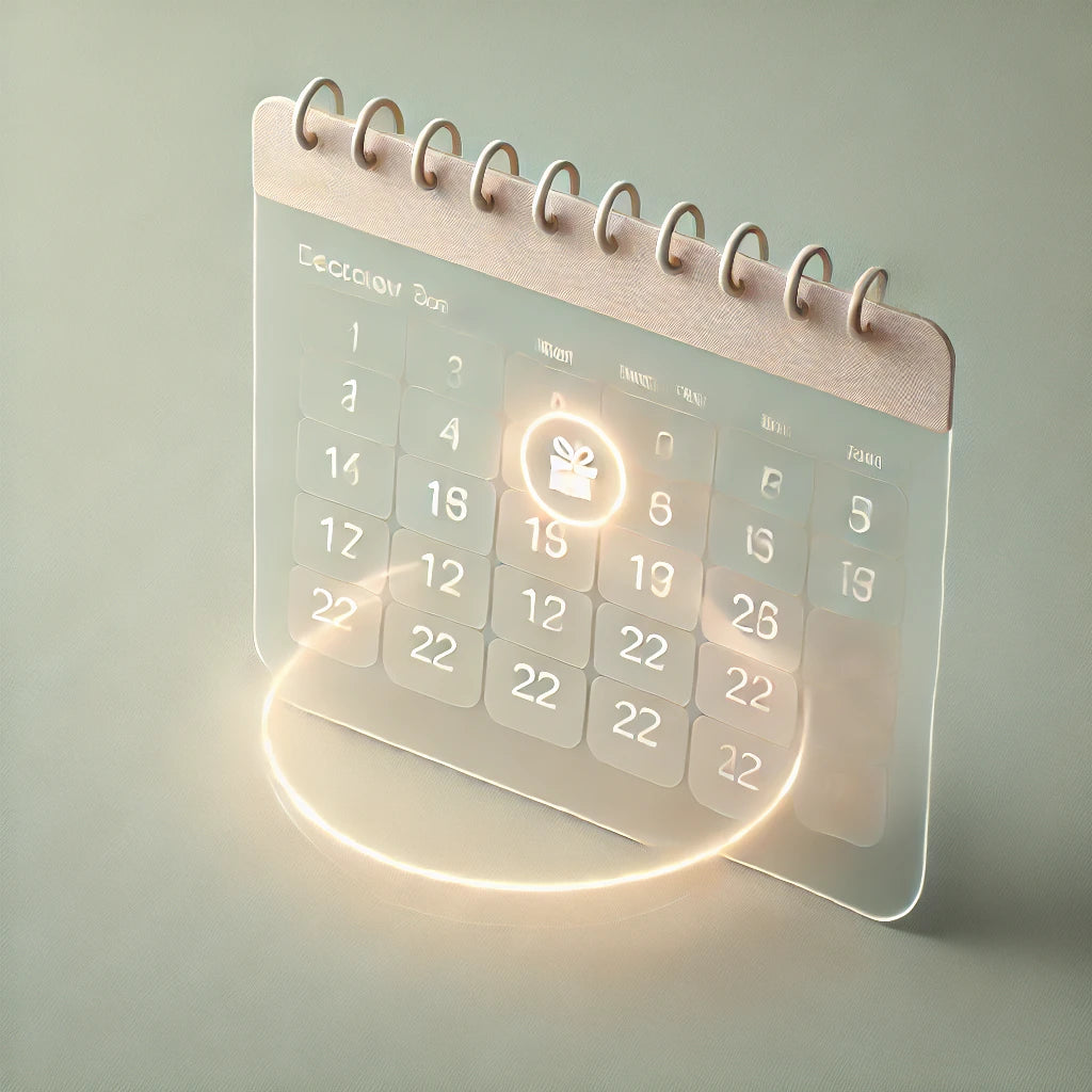 Abstrakt billede af en gennemsigtig kalender, hvor en dag er markeret med et gavesymbol.