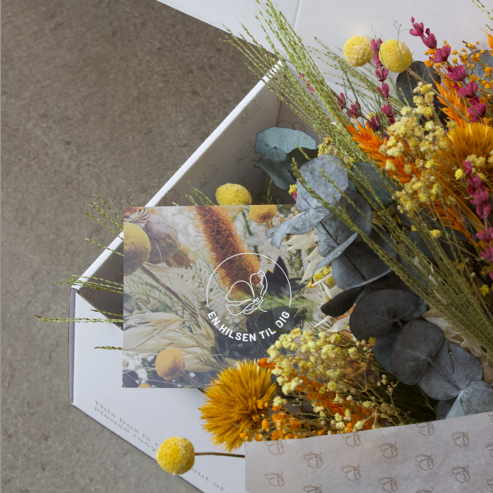 I en hvid kasse ligger en farverig buket sammen med et kort.